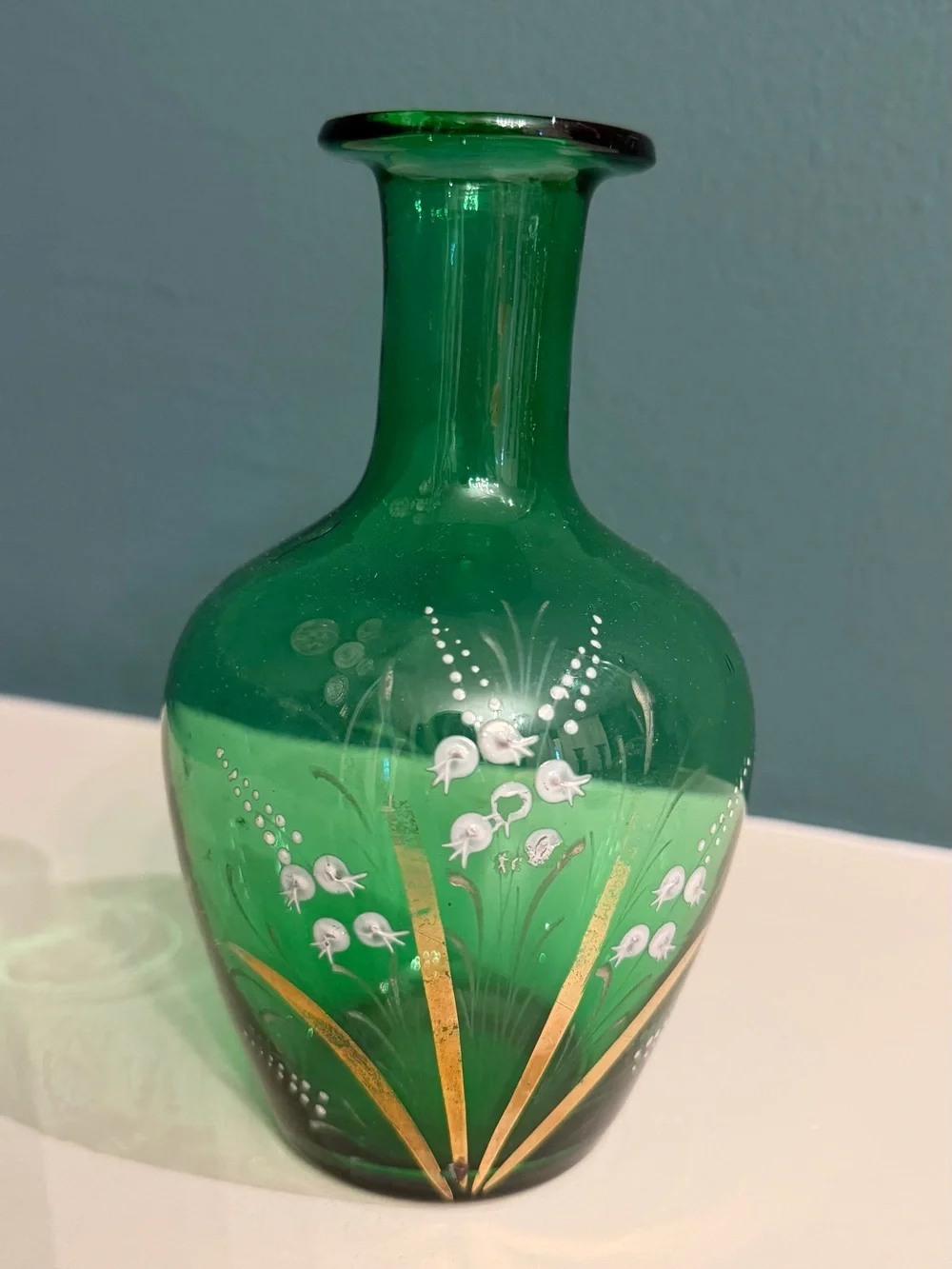 Vintage Bohemian Czech Emerald Green Glass Vase Hand Painted Enamel & Gold 7”